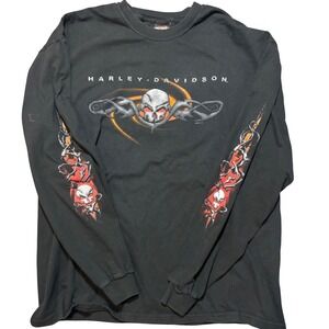 Harley Davidson Staten Island NY Skull Flames Long Sleeve Mens 2XL Blk 2005 Y2K